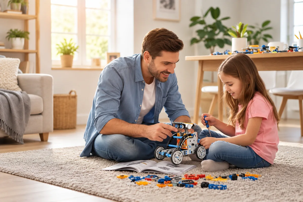 Un père et sa fille assemblent le robot ensemble à la maison