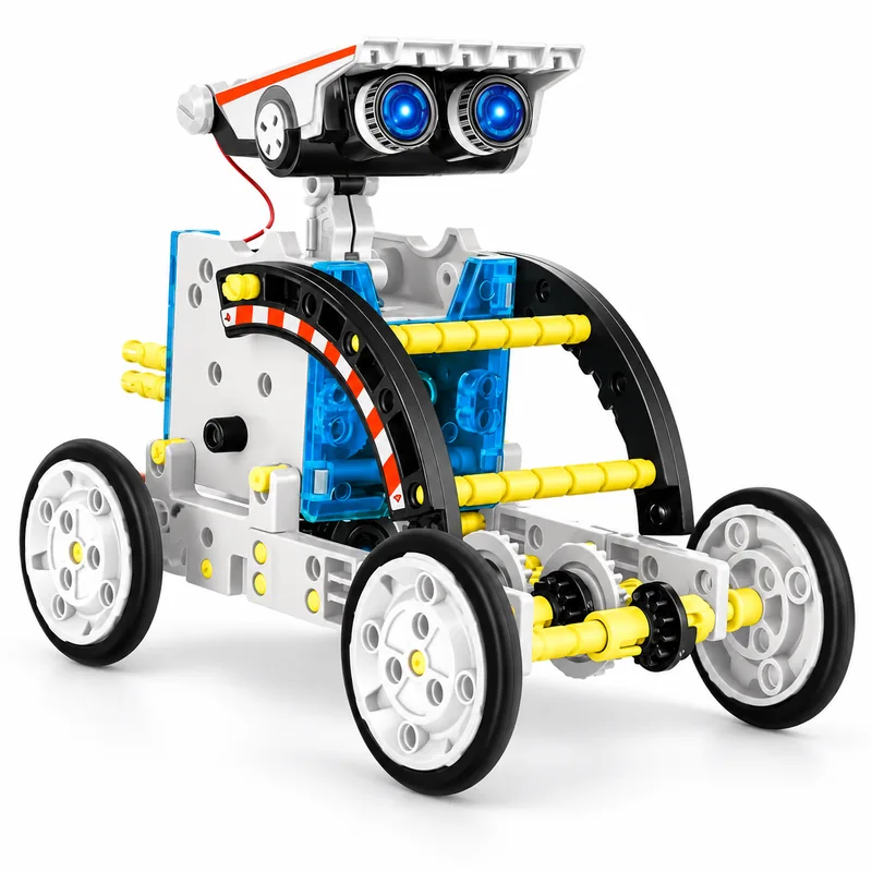 Robot RoboLab monté en voiture, avec roues blanches, pièces bleues et tiges jaunes